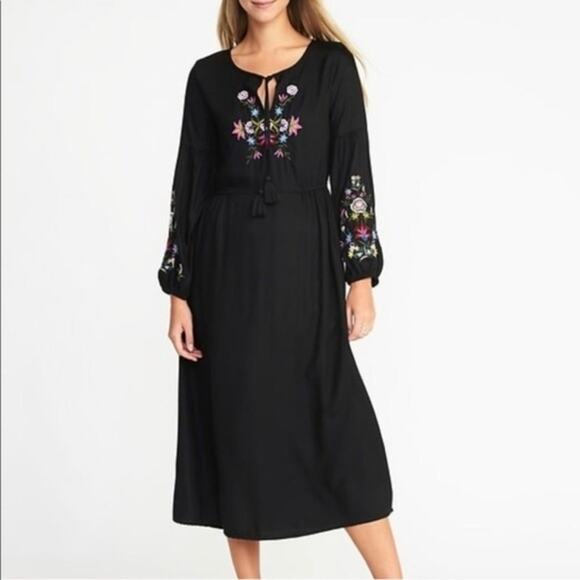 Old Navy Dark Floral Embroidered Midi Dress Sz S Baloon Sleeve Fairy Whimsical - Picture 1 of 15